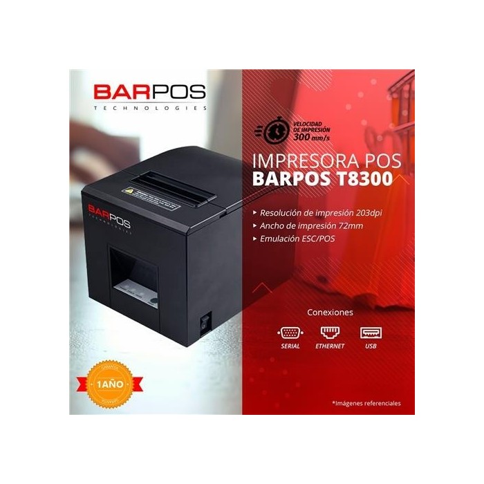 Impresora Termica Ticket BARPOS T8300 3" 203 DPI 300 mm/ss Auto Cutte USB/RS232/Ethernet