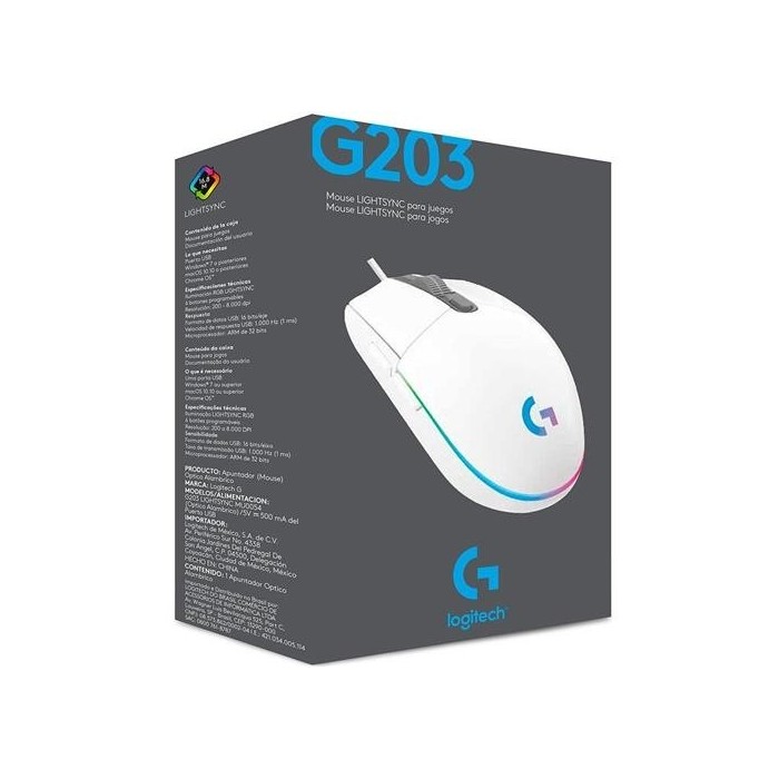 Mouse gamer Logitech G203 Blanco 8000 DPI 6 Botones (910-005794)