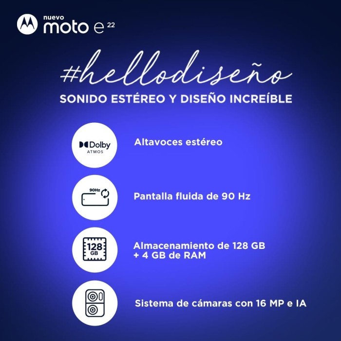 Smartphone Motorola Moto E22, RAM 4GB, 128GB, Android 12, Blanco
