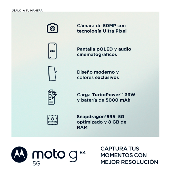 Smartphone Motorola G84 5G, Ram 8GB, 256GB, Android 13 Negro