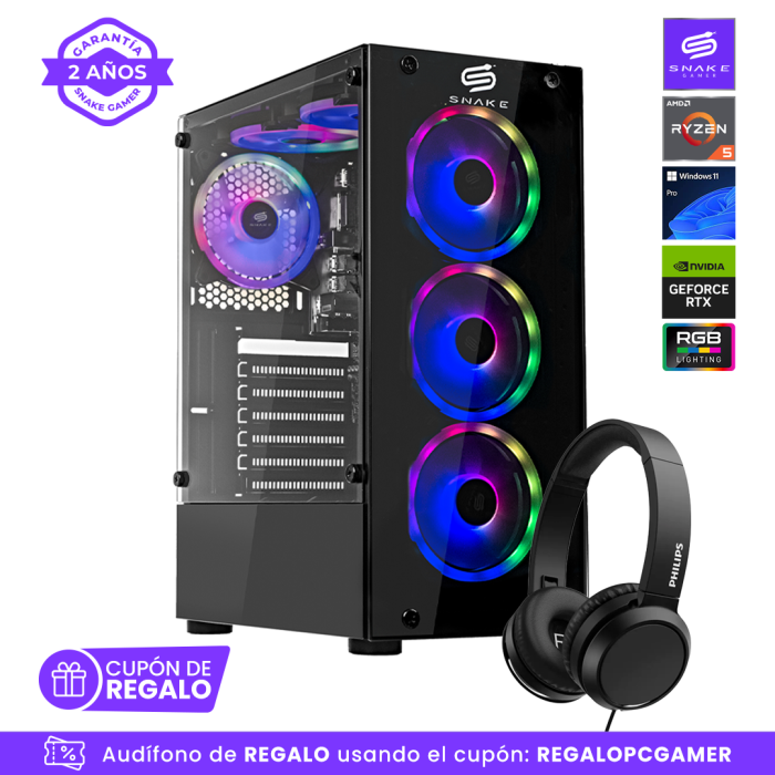 Pc Gamer Vibora Black V6 AMD Ryzen 5 5500, RTX 3050, SSD 1TB, RAM 16 GB, W11P | Snake Gamer