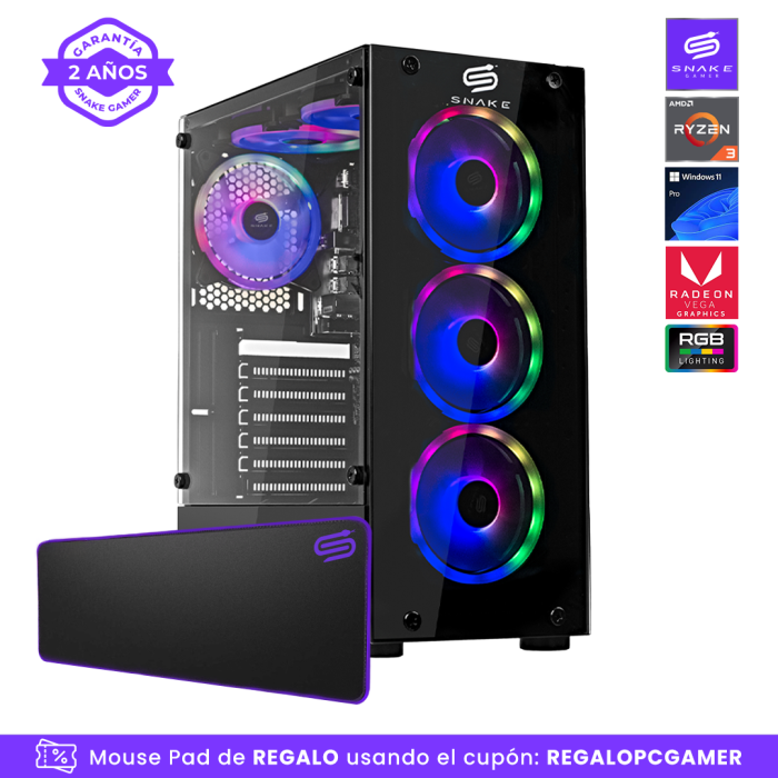 Pc Snake Gamer Vibora Black V0 AMD Ryzen 3 3200G, 16GB RAM + 256GB SSD, Windows 11 Pro