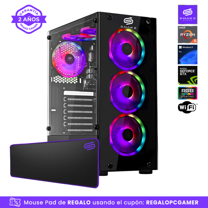Pc Gamer Vibora Black V1 Ultra Ryzen 5 4600G, SSD 512GB, RAM 16 GB, GTX 1650, WIFI 2.0 | Snake Gamer