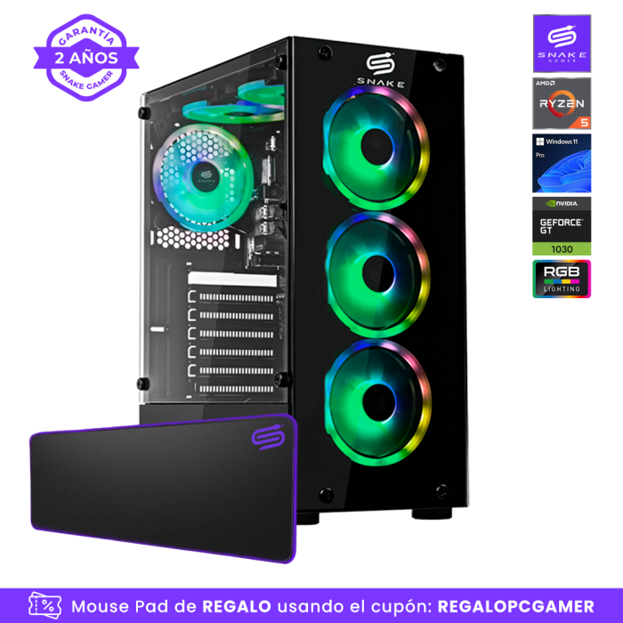 Pc Snake Gamer Vibora Black V8 AMD Ryzen 5 5500, GT 1030, 16GB RAM + 256GB SSD, Windows 11 Pro