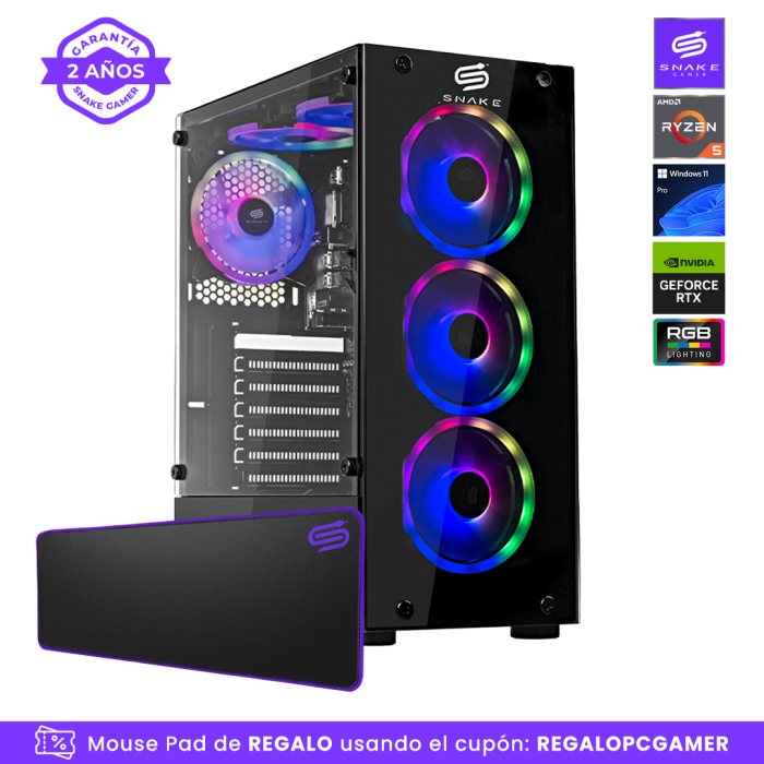 Pc Snake Gamer Vibora Black V6 AMD Ryzen 5 5500, RTX 3050, 16GB RAM + 1TB SSD, Windows 11 Pro