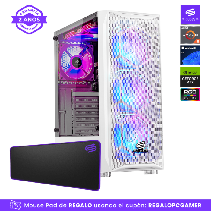 Pc Snake Gamer Vibora White V3 AMD Ryzen 5 5600GT, RTX 3050, 16GB RAM + 512GB SSD, Windows 11 Pro