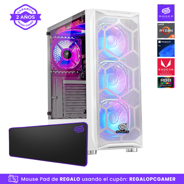 Pc Snake Gamer Vibora White V0 AMD Ryzen 3 3200G, 16GB RAM + 256GB SSD, Windows 11 Pro