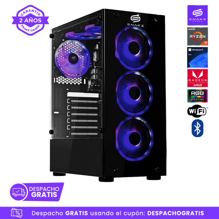 Pc Snake Gamer Vibora Black V10 AMD Ryzen 7 5700G, 16GB RAM + 512GB SSD, WifI + Bluetooth,  Windows 11 Pro