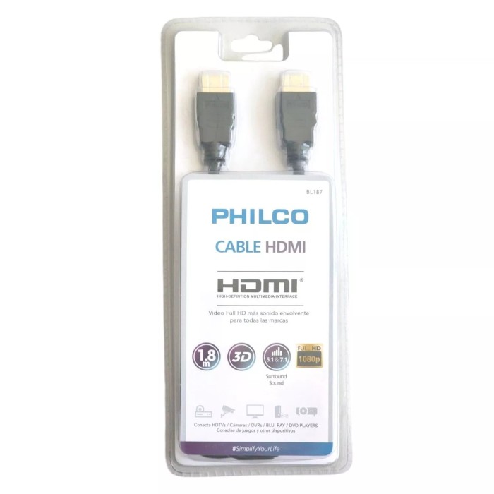 Cable Hdmi 1.8mts Philco Full Hd V1.4 Negro