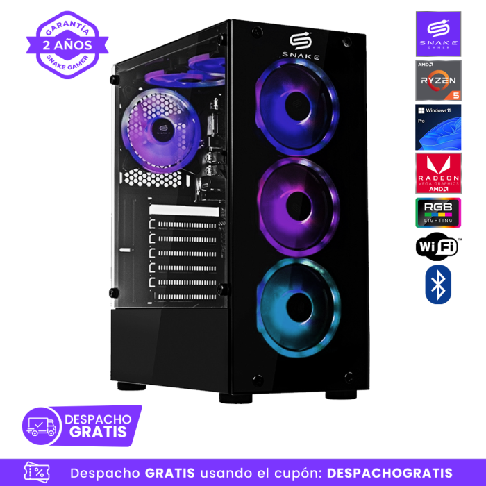 Pc Snake Gamer Vibora Black V11 AMD Ryzen 5 8500G, 16GB RAM + 512GB SSD, Wifi + Bluetooth,  Windows 11 Pro
