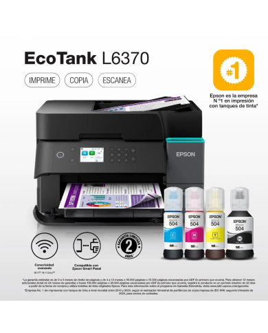Impresora Multifuncional Epson EcoTank L6370, 15 ppm/negro, 9 ppm/color, Wi-Fi, USB 2.0 Dúplex (C11CL43303)