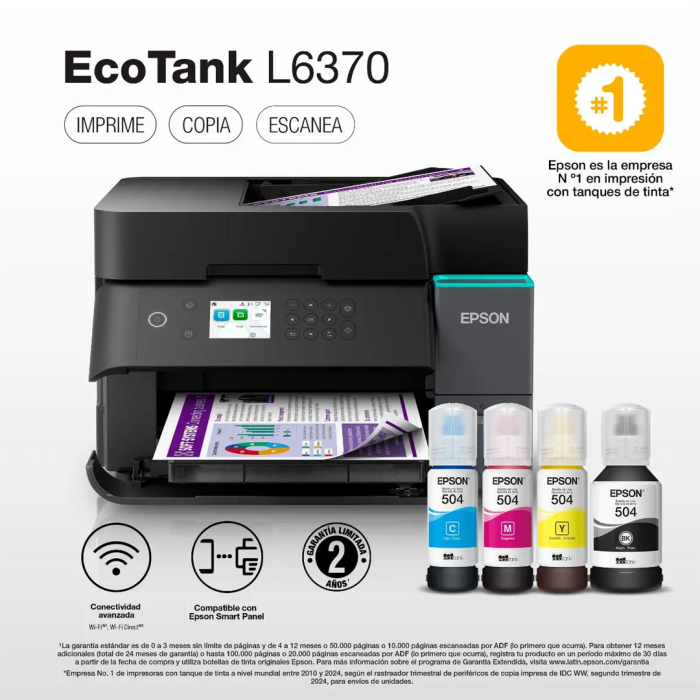 Impresora Multifuncional Epson EcoTank L6370, 15 ppm/negro, 9 ppm/color, Wi-Fi, USB 2.0 Dúplex (C11CL43303)
