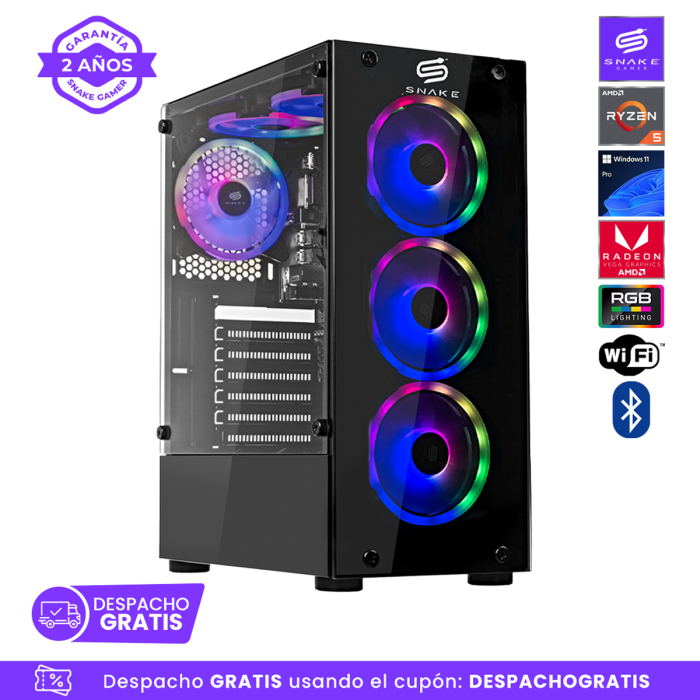 Pc Snake Gamer Vibora Black V2 AMD Ryzen 5 5600GT, 16GB RAM + 512GB SSD, Wifi + Bluetooth,  Windows 11 Pro