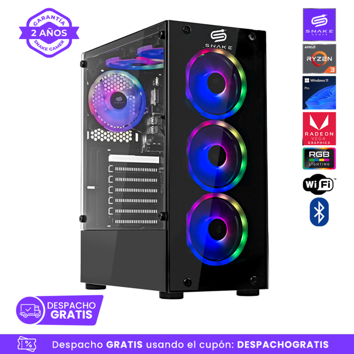 Pc Snake Gamer Vibora Black V0 AMD Ryzen 3 3200G, 16GB RAM + 256GB SSD, Wifi + Bluetooth,  Windows 11 Pro