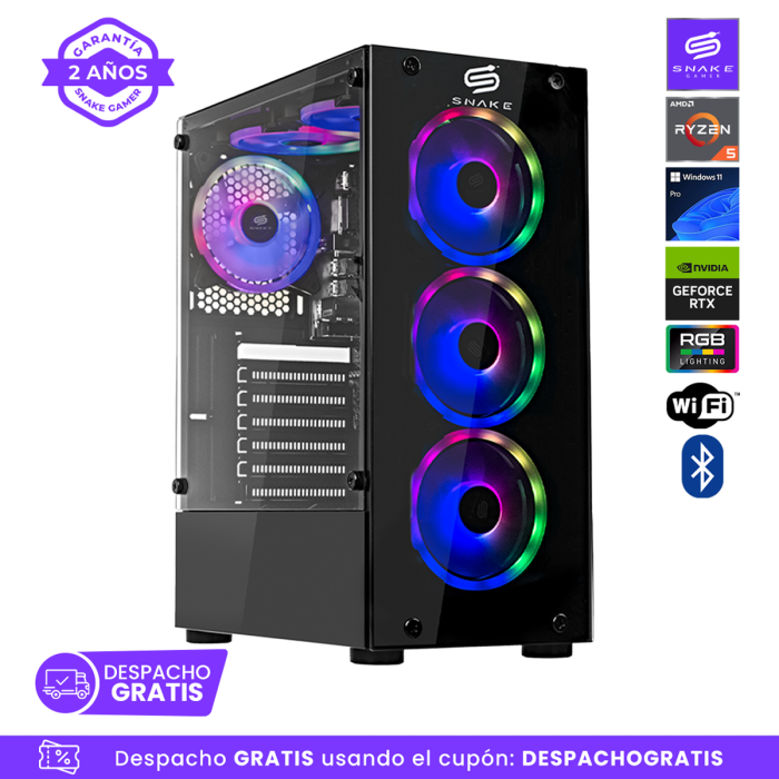 Pc Snake Gamer Vibora Black V6 AMD Ryzen 5 5500, RTX 3050, 16GB RAM + 1TB SSD, Wifi + Bluetooth,  Windows 11 Pro