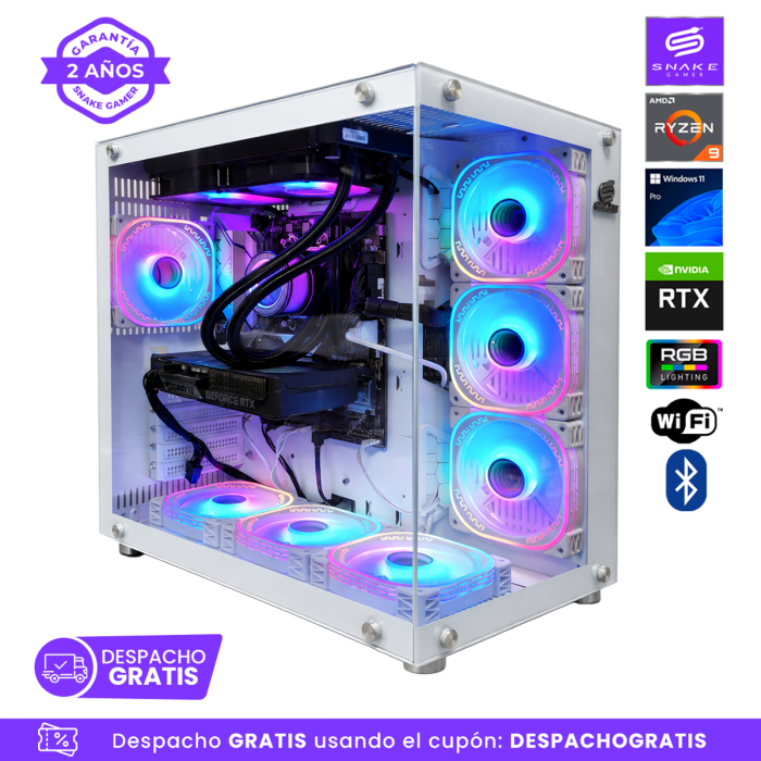 PC Snake Gamer White Mamba Ryzen 9 7900X, RTX 5060 Ti, 32GB RAM + 1TB SSD + 2TB HDD, Wifi + Bluetooth, Windows 11Pro