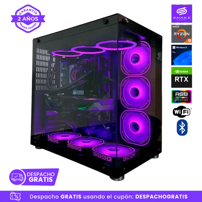 PC Snake Gamer Black Mamba Ryzen 9 7900X, RTX 5060 Ti, 32GB RAM + 1TB SSD + 2TB HDD, Wifi + Bluetooth, Windows 11Pro