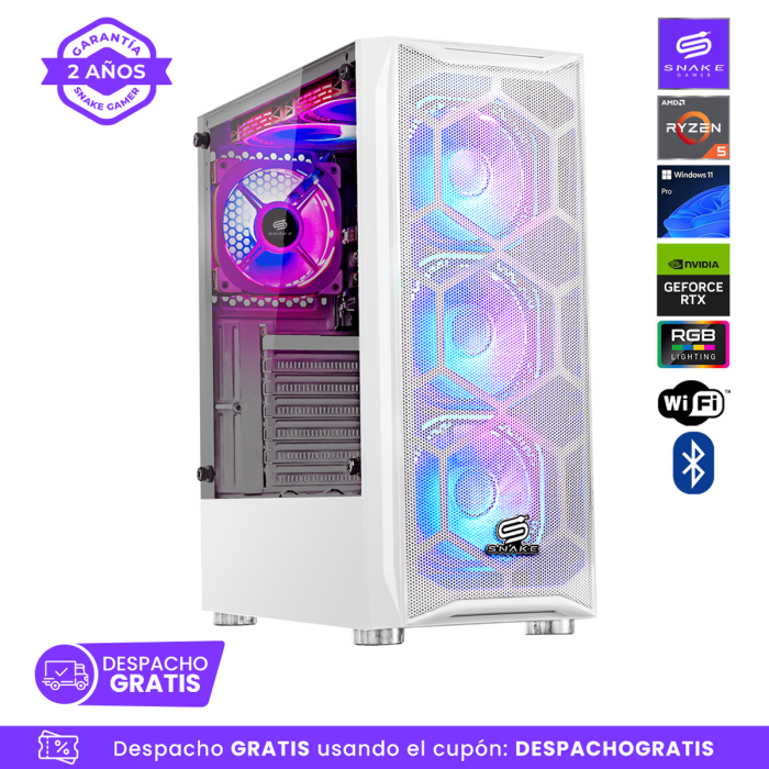 Pc Snake Gamer Vibora White V3 AMD Ryzen 5 5600GT, RTX 3050, 16GB RAM + 512GB SSD, Wifi + Bluetooth,  Windows 11 Pro