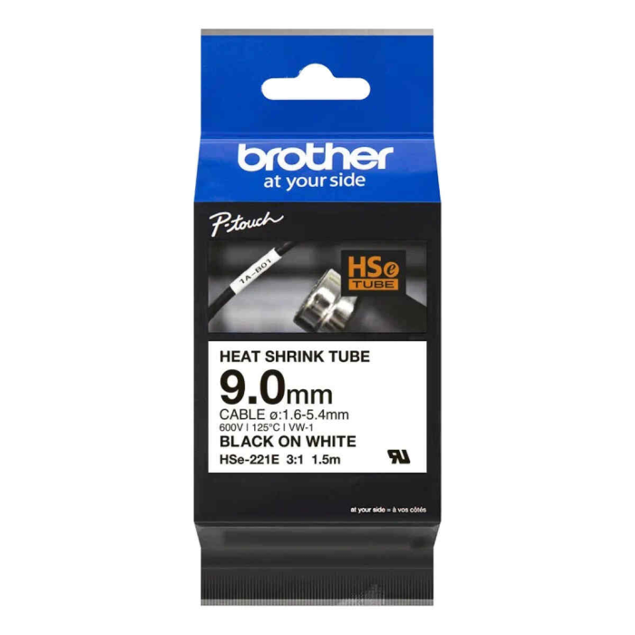 Cinta Rotuladora Brother HSE221E Termorretráctil 9.0mm Texto Negro sobre Blanco