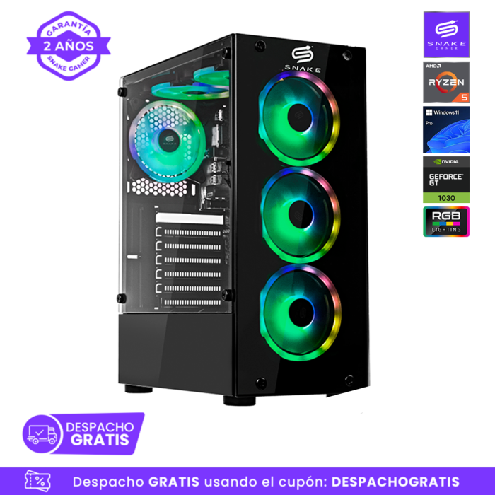 Pc Snake Gamer Vibora Black V12 AMD Ryzen 5 5500, GT 1030, 8GB RAM + 256GB SSD, Windows 11 Pro