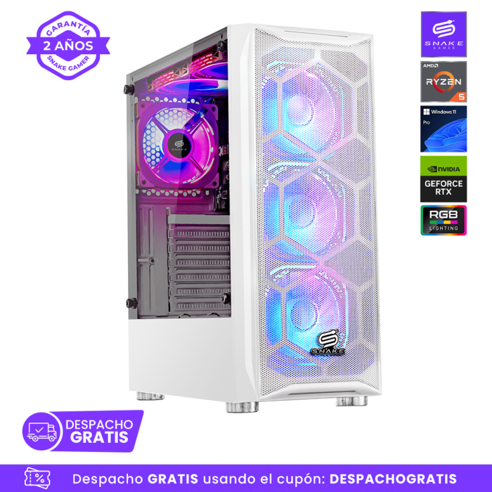 Pc Snake Gamer Vibora White V3 AMD Ryzen 5 5600GT, RTX 3050, 16GB RAM + 512GB SSD, Windows 11 Pro